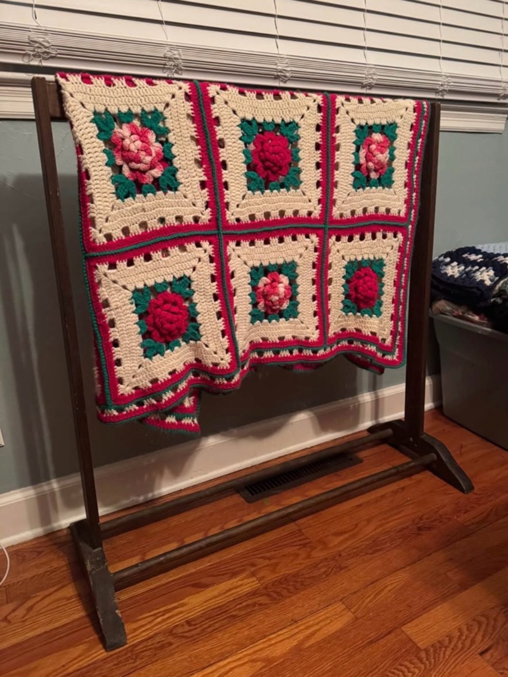Handmade Cream and Pink Floral Crochet Throw Blanket